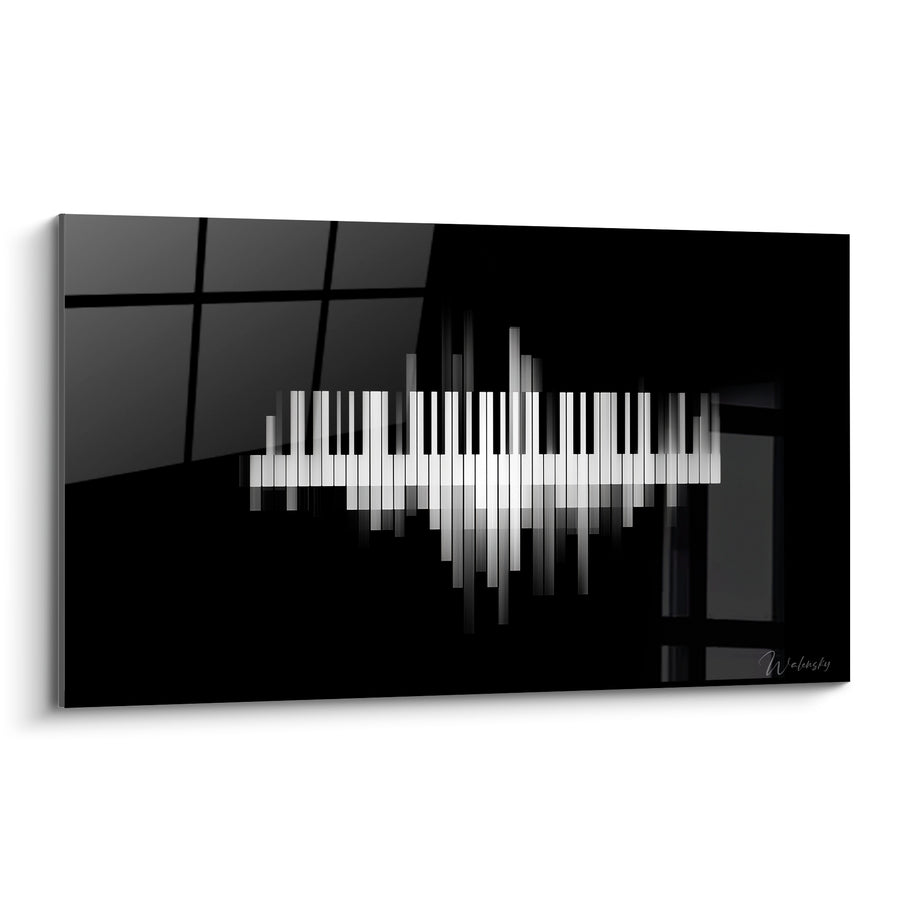 Tableau Musique noir et blanc touches fragmentées éclatées - Fenêtre géométrique en fond - Edition Musique