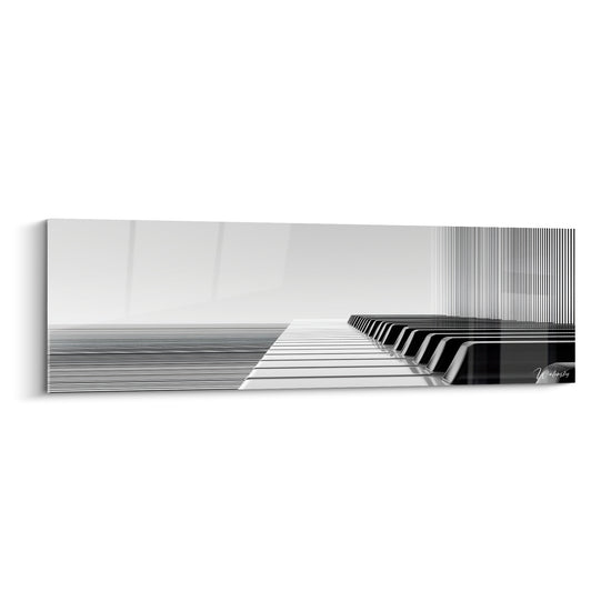 Clavier de piano noir et blanc se prolongeant en lignes grises vers un horizon infini