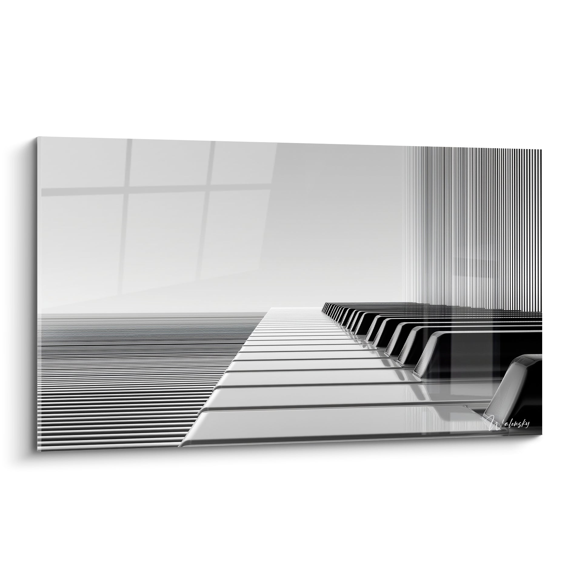 Clavier de piano noir et blanc s'étirant à l'infini, touches anthracite et blanches, style graphique épuré
