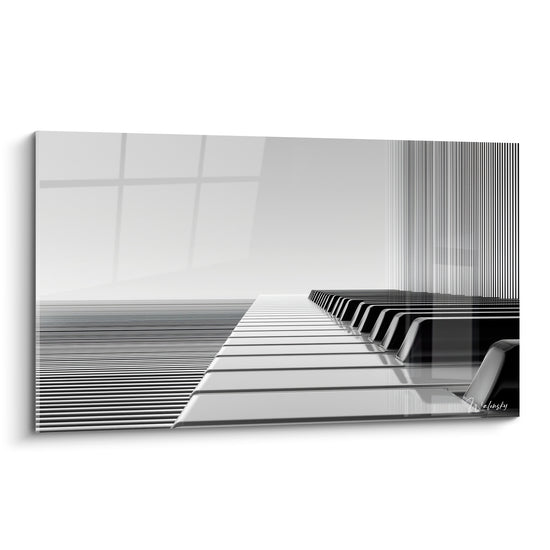 Clavier de piano noir et blanc s'étirant à l'infini, touches anthracite et blanches, style graphique épuré