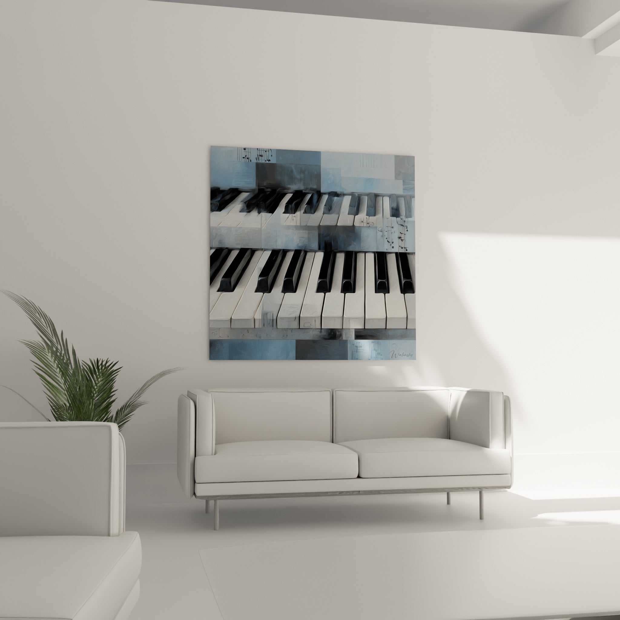 Clavier musical anthracite et bleu pastel, suspendu au-dessus d'un canapé dans un salon lumineux