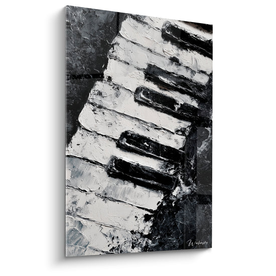 Clavier de piano peint en noir profond et blanc crème, matière épaisse et texturée au couteau