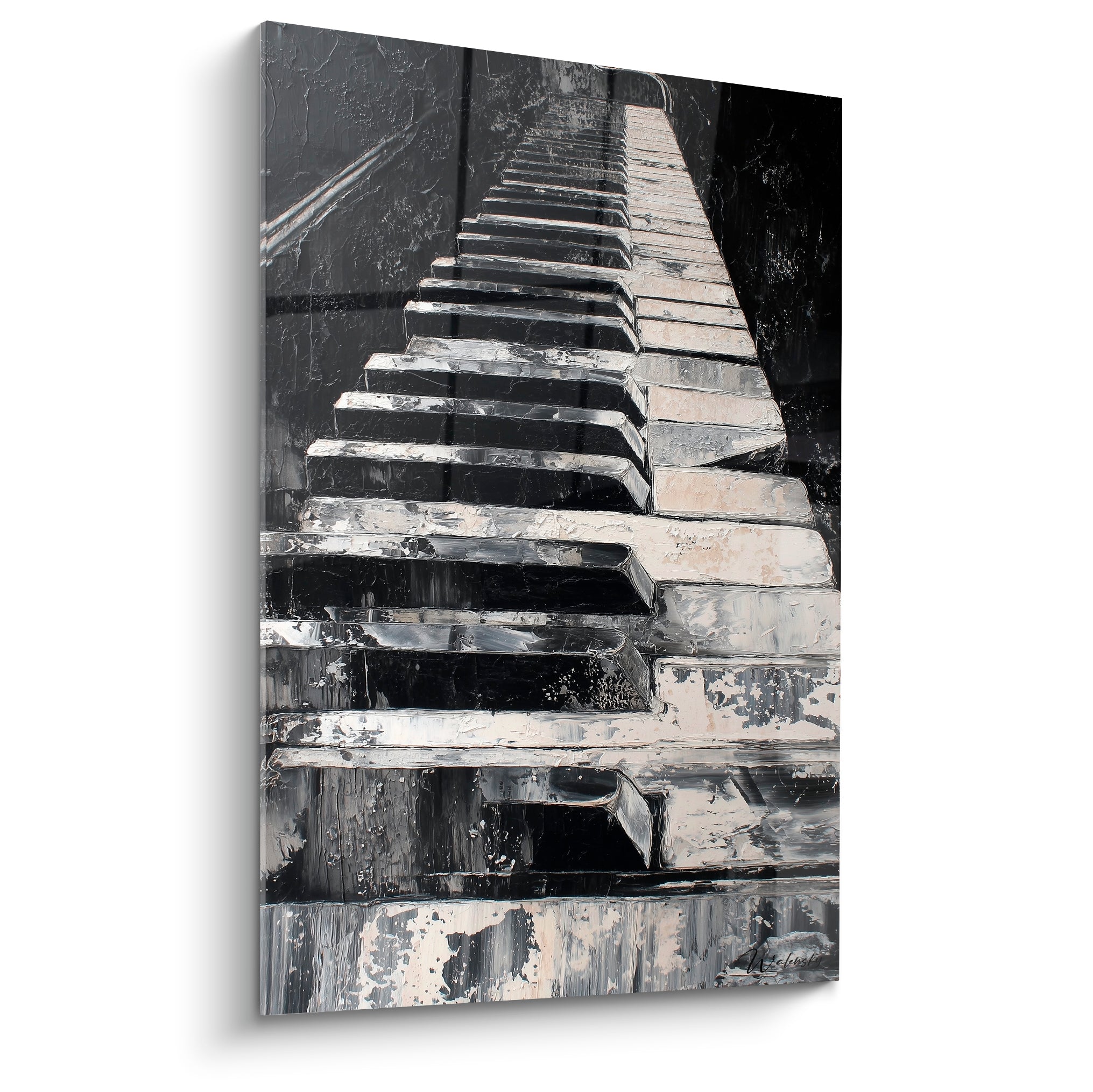 Piano en fuite peint dans un noir profond et un blanc crème texturé au couteau, empâtement visible