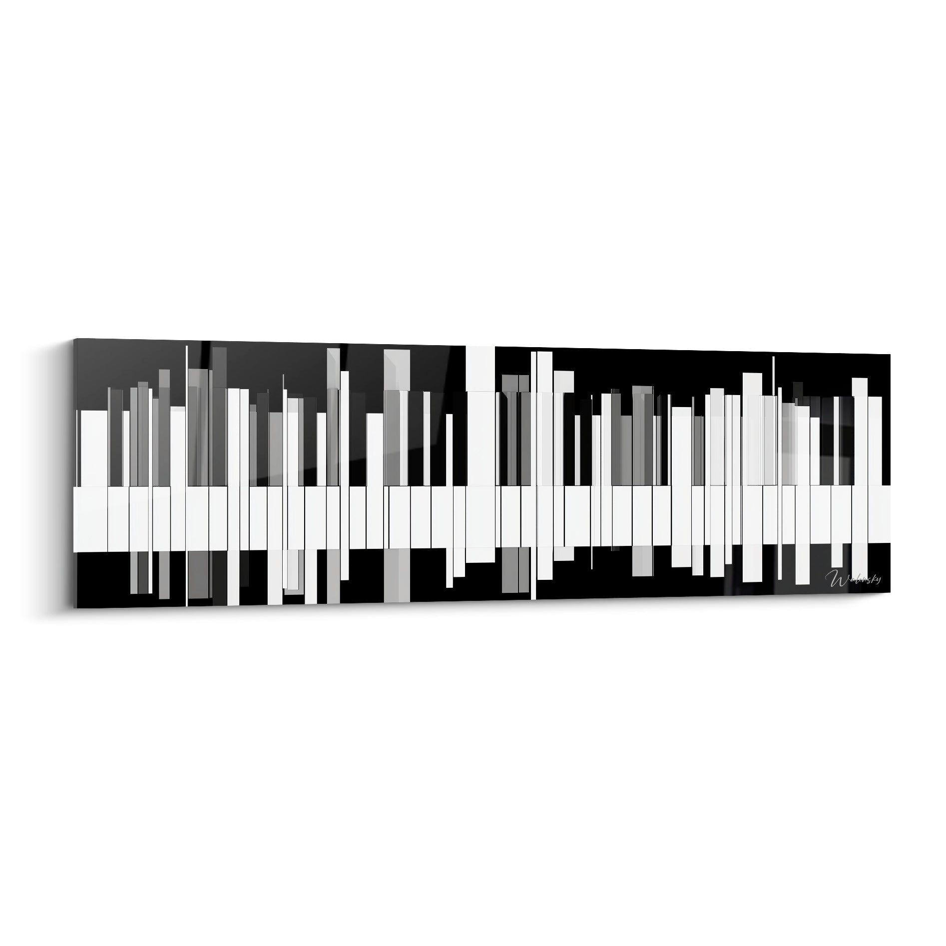 Musique en touches de piano noires et blanches désalignées, contraste graphique sur fond sombre