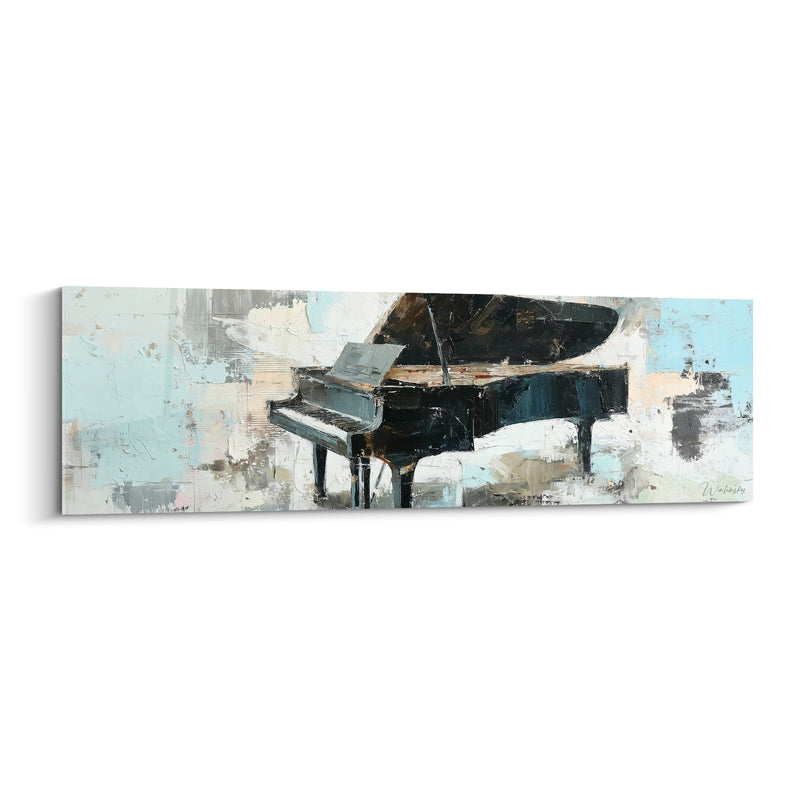 Tableau Musique piano noir et bleu pâle pupitre ouvert - Queue relevée du piano - Edition Musique