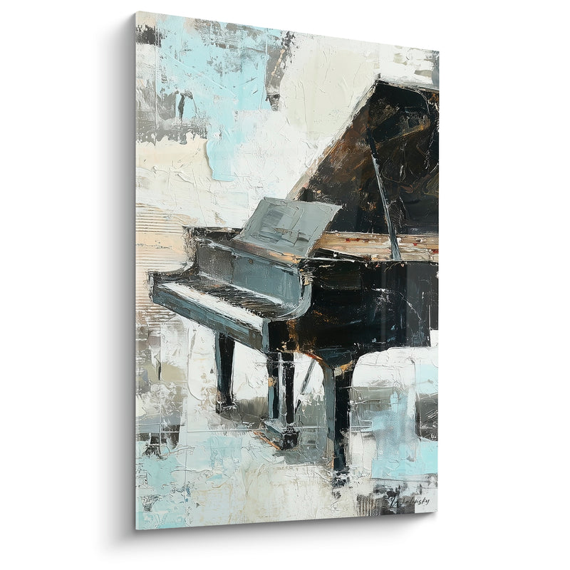 Tableau Musique piano noir bleu pâle pupitre relevé - Queue ouverte du piano - Edition Musique