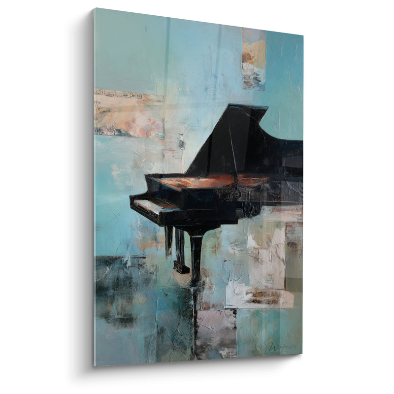 Tableau Musique piano noir bleu poudré partition fragmentée - Piano à queue isolé - Edition Musique