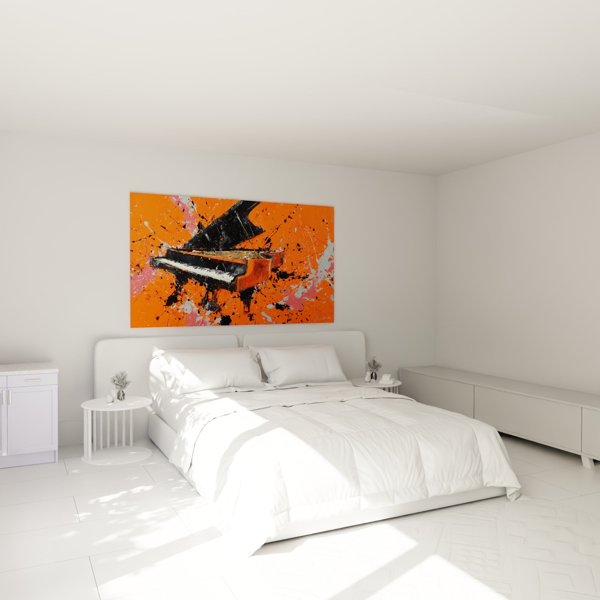 Instrument à clavier noir et blanc jaillissant d'un fond orange vif, au-dessus d'un lit dans une chambre claire