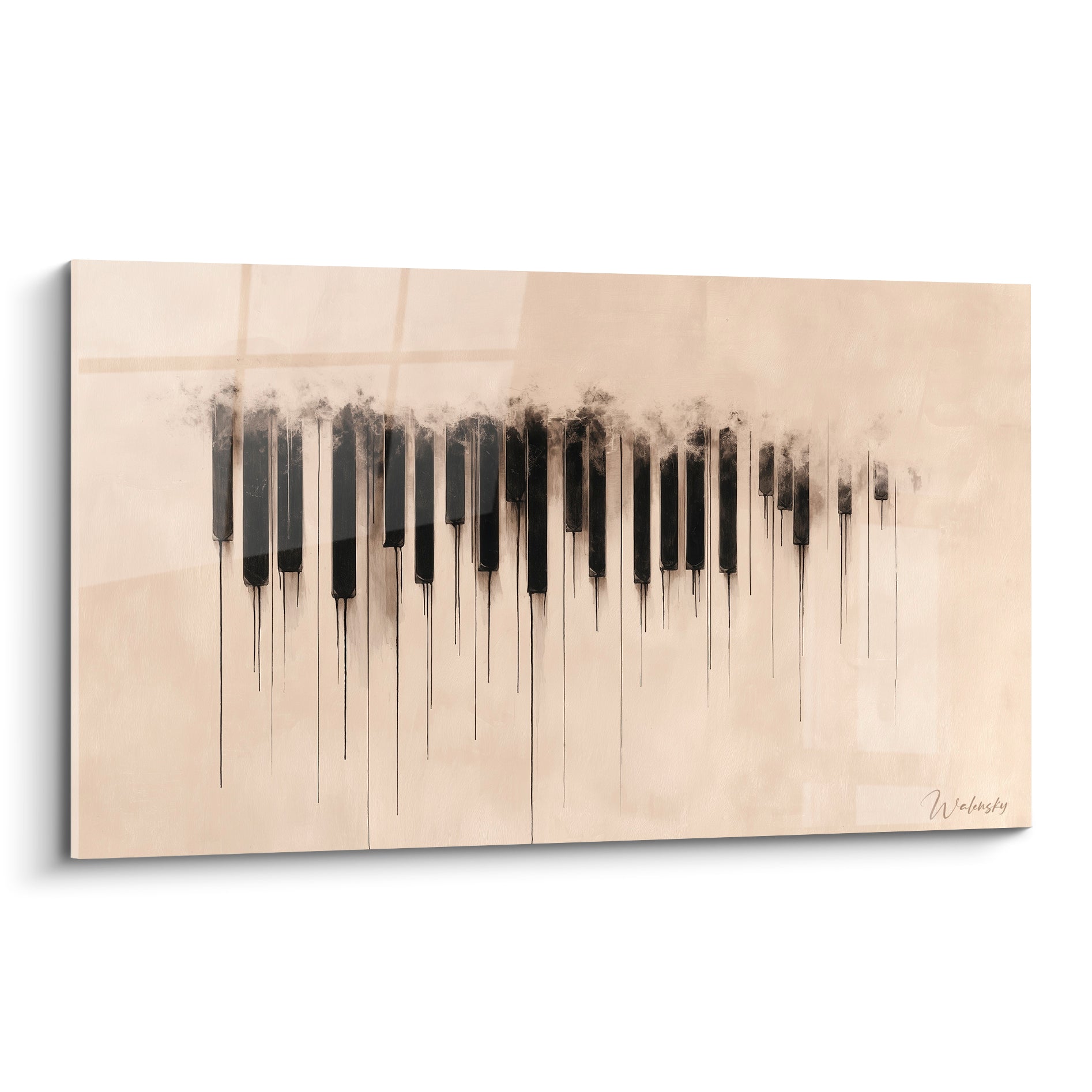 Touches de piano noires et anthracite qui coulent sur un fond ivoire texturé, tableau musique abstrait
