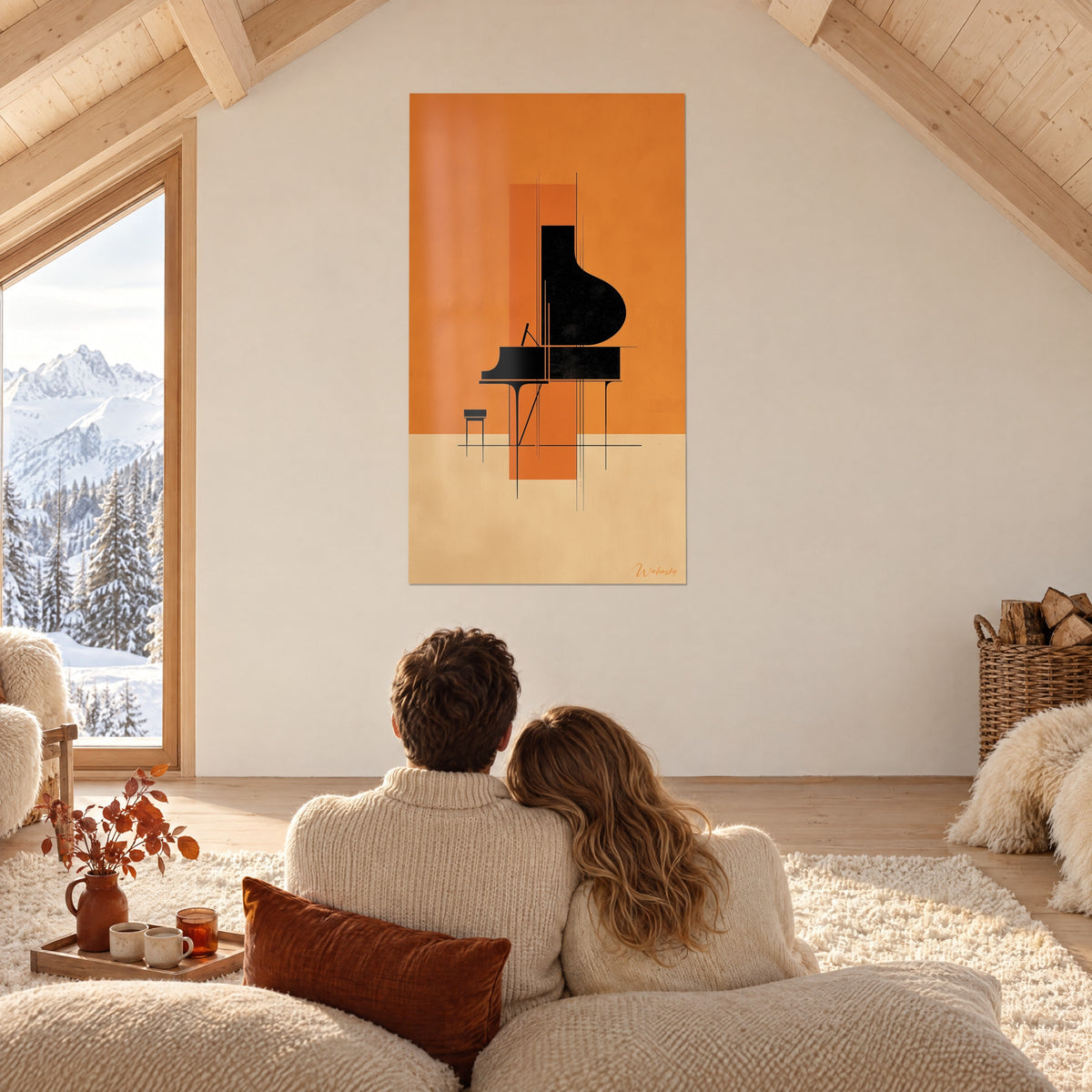 Schilderij afwezige pianist, geometrische zwarte piano op fel oranje en zand, koppel van achteren tegenover de besneeuwde berg