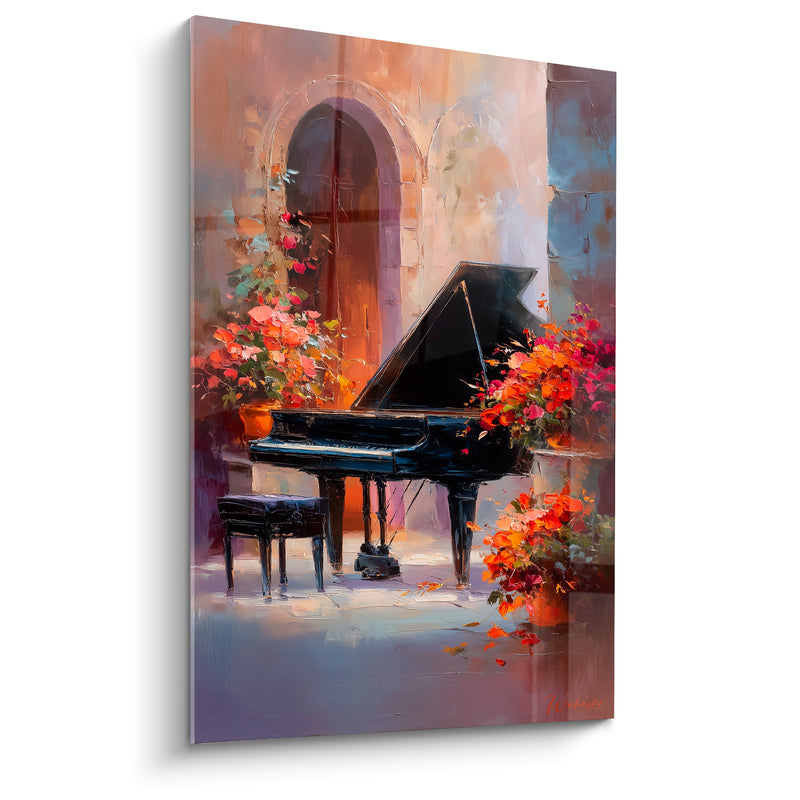 Tableau Musique piano noir devant porte voûtée ancienne - Arche en pierre patinée - Edition Musique
