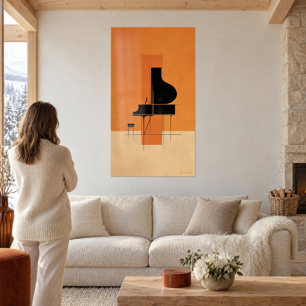 Tableau piano à queue noir en aplat géométrique sur fond orange, femme de dos, au-dessus d'un canapé dans un salon lumineux