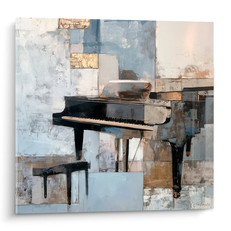 Tableau Musique piano noir et gris fragmenté géométrique - Reflet du tabouret - Edition Musique