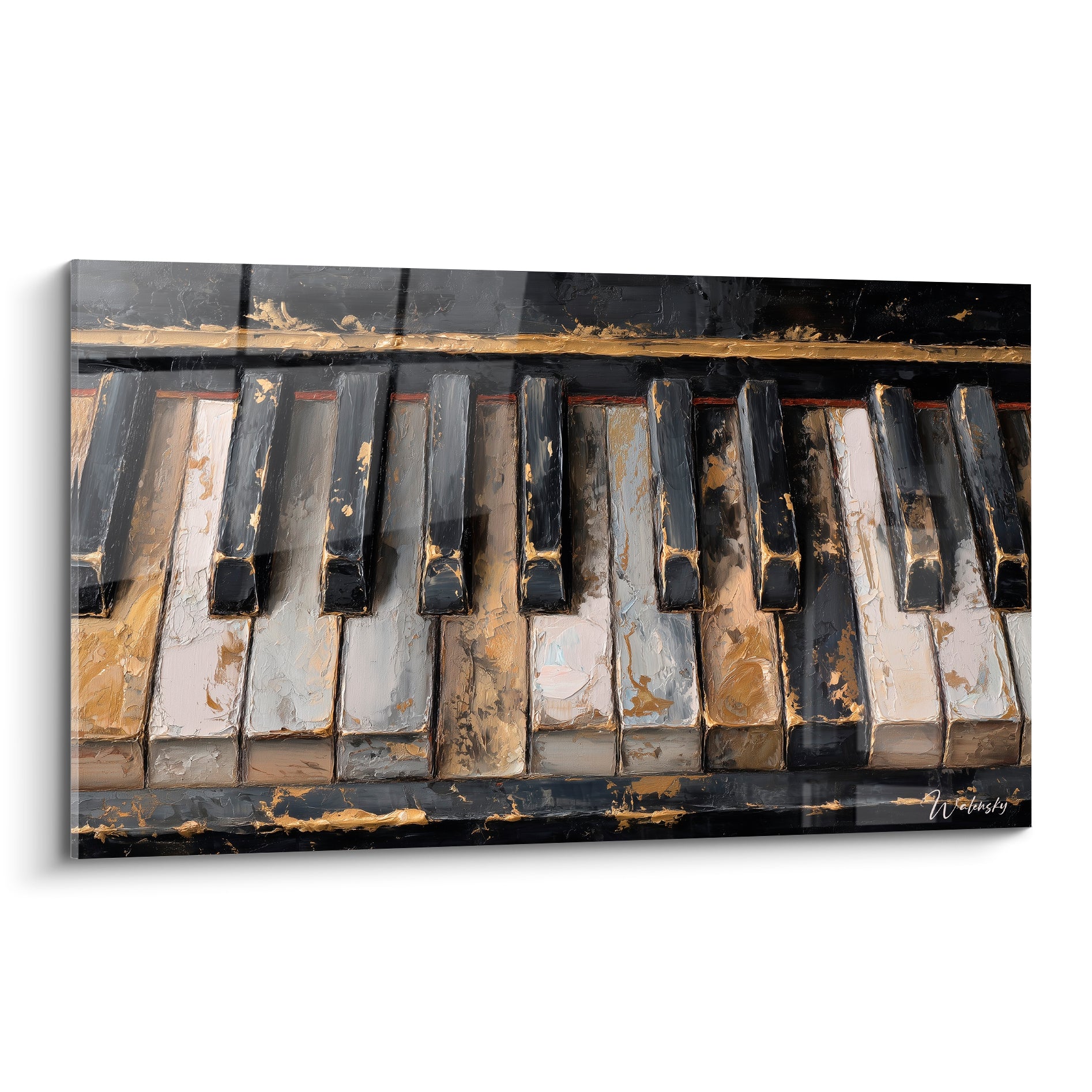 Musique : clavier de piano noir et doré, touches patinées à la texture empâtée visible