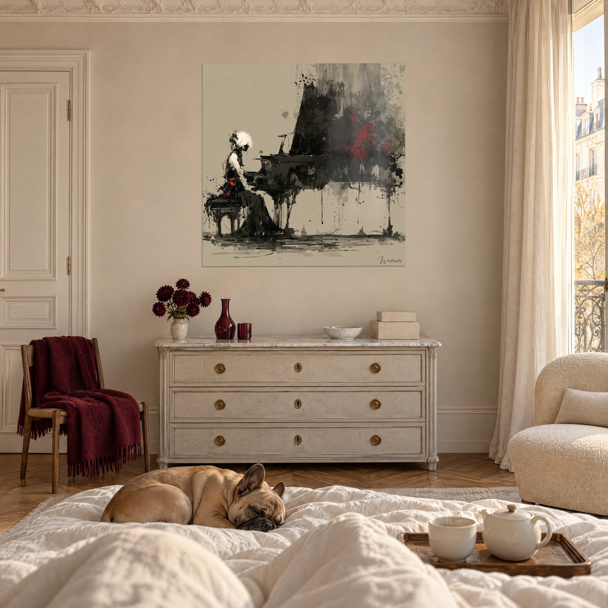 Wall art dark grand piano dripping with ink, red and beige splashes, view above a bed in a light bedroom
