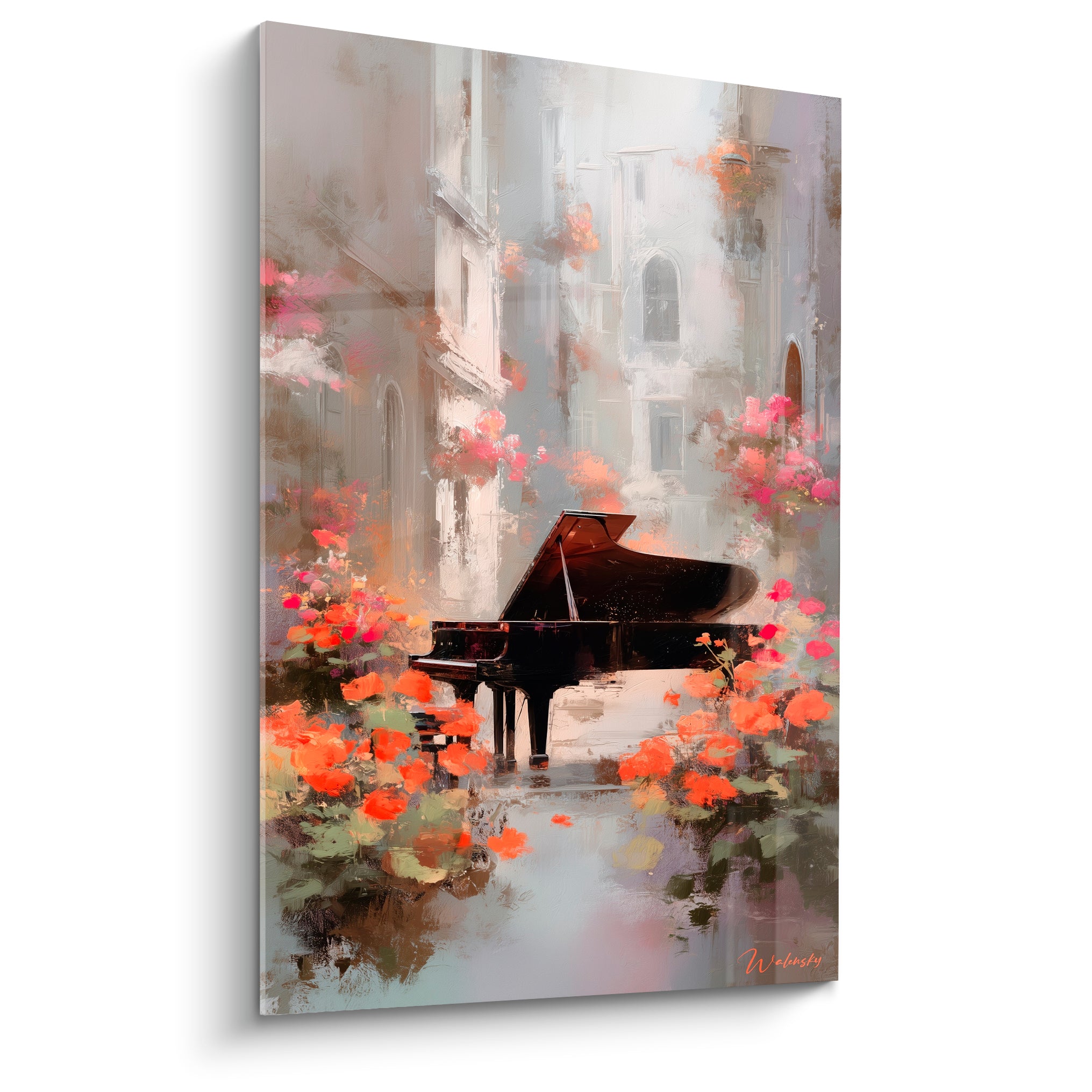 Piano à queue noir entouré de fleurs orange et roses dans une ruelle grise brumeuse