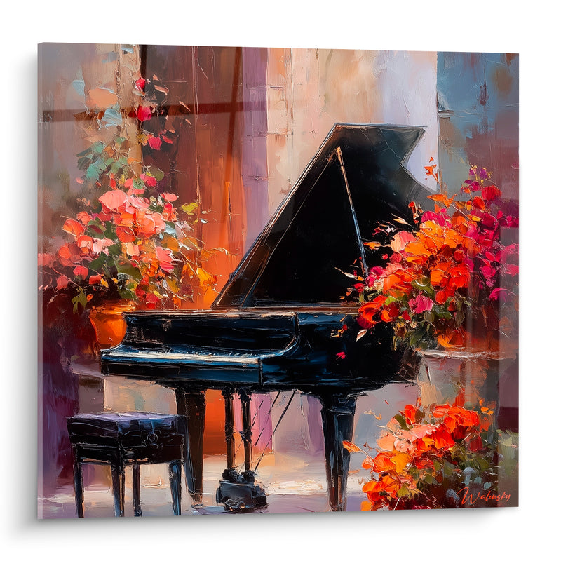Tableau Musique piano noir et corail bougainvillées envahissantes - Tabouret assorti - Edition Musique