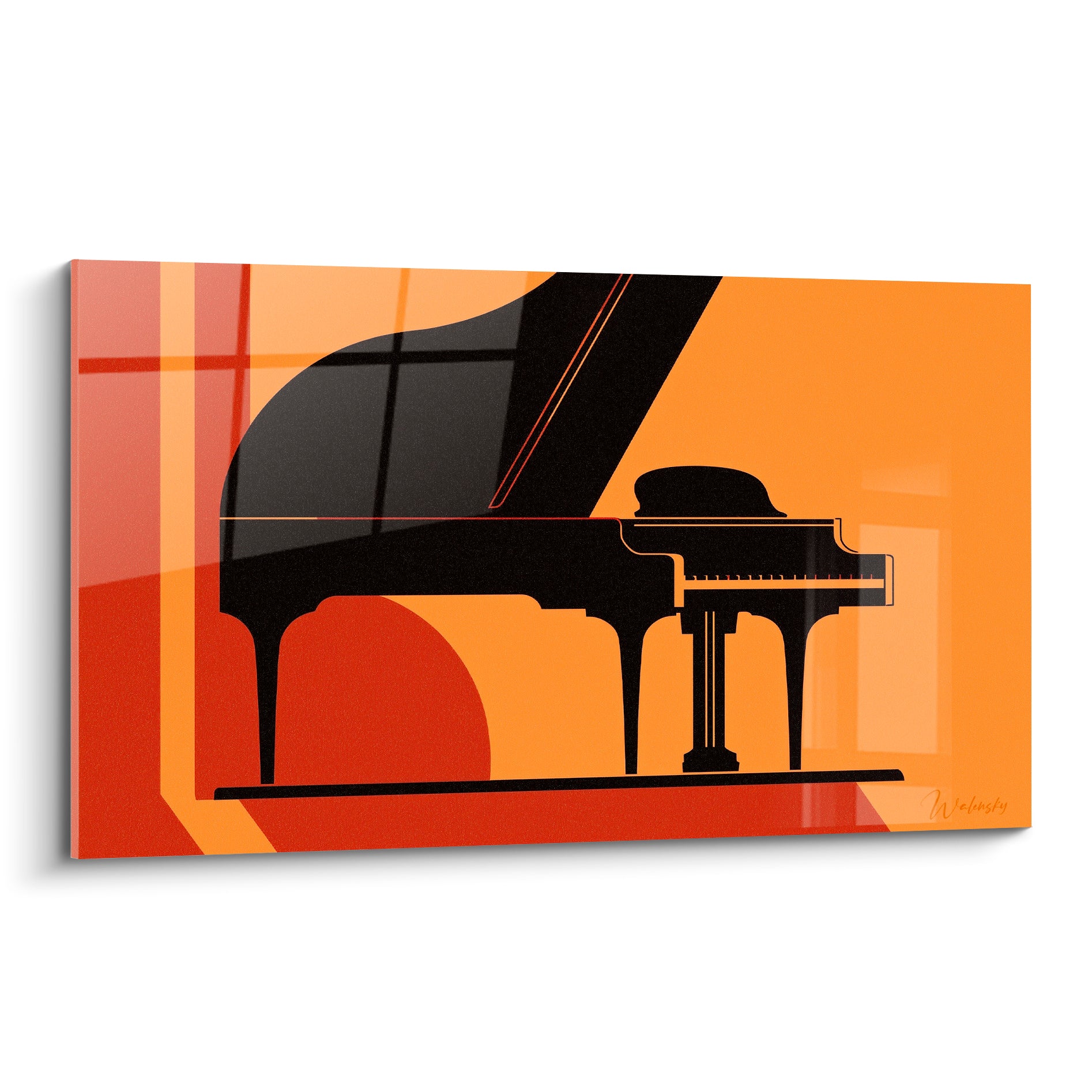 Piano à queue noir se détachant sur un fond orangé et terracotta, composition graphique épurée