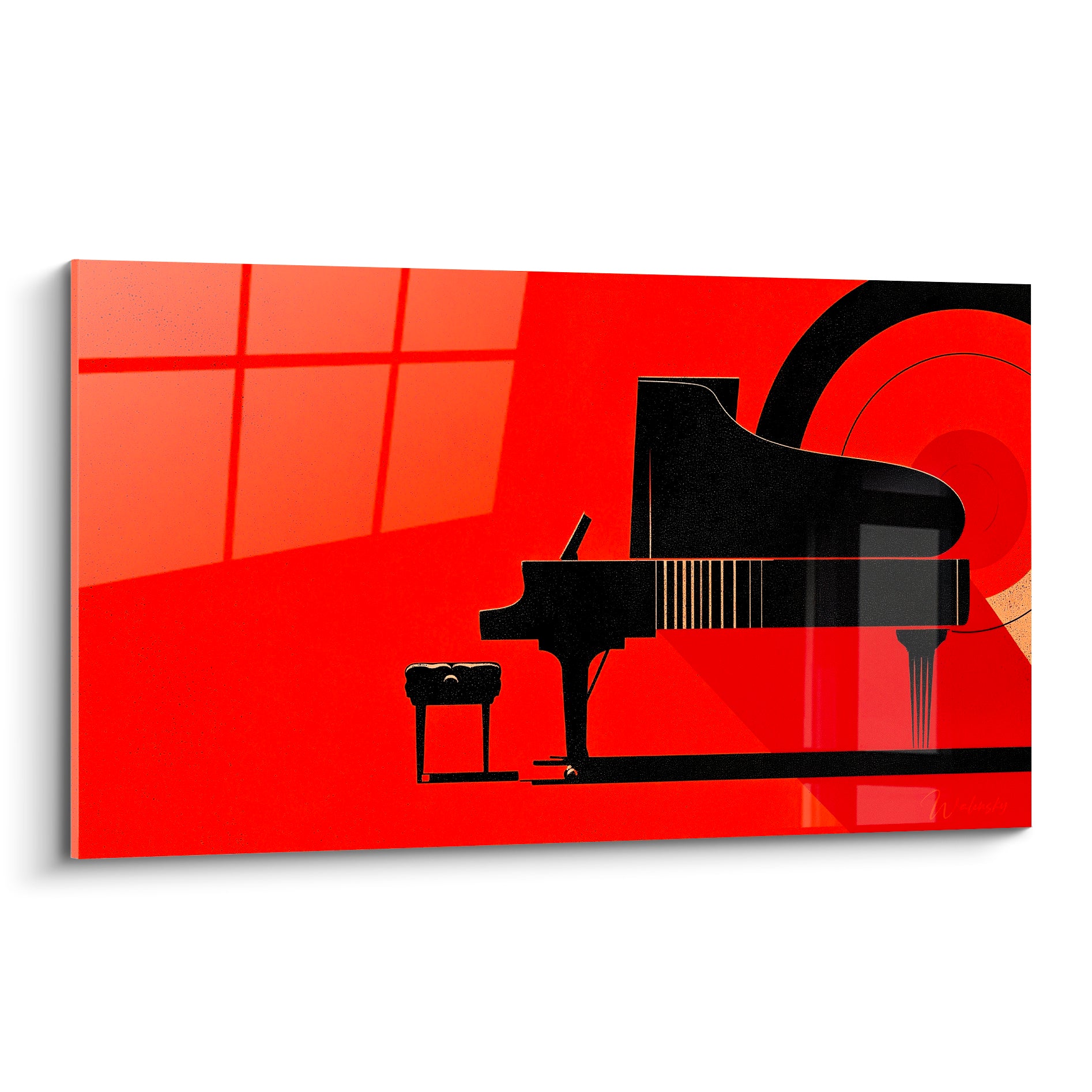 Piano à queue noir se détachant sur un fond orange et terracotta, cercle graphique en arrière-plan