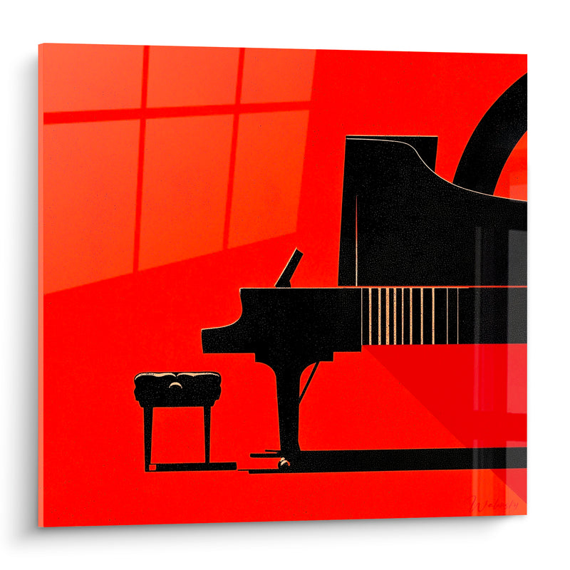 Tableau Musique piano noir orange vif tabouret - Attente silencieuse - Edition Musique