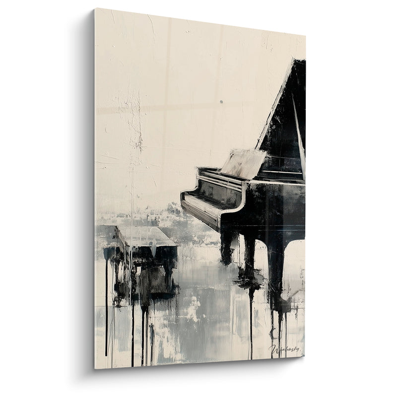 Tableau Musique noir et ivoire piano à queue coulant - Reflet liquide au sol - Edition Musique