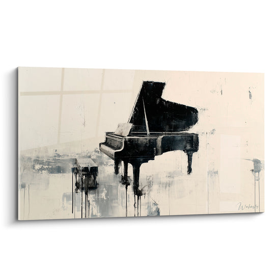 Piano à queue noir aux coulures anthracite sur fond ivoire crayeux, matière picturale épaisse et expressive
