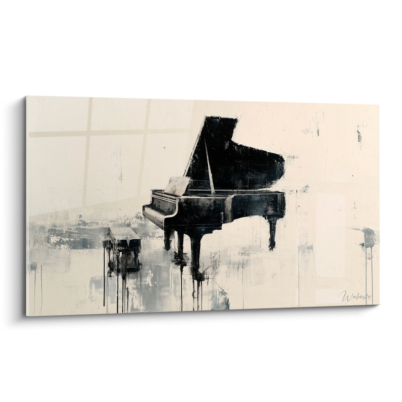 Tableau Musique noir et ivoire coulures verticales - Tabouret assorti au loin - Edition Musique