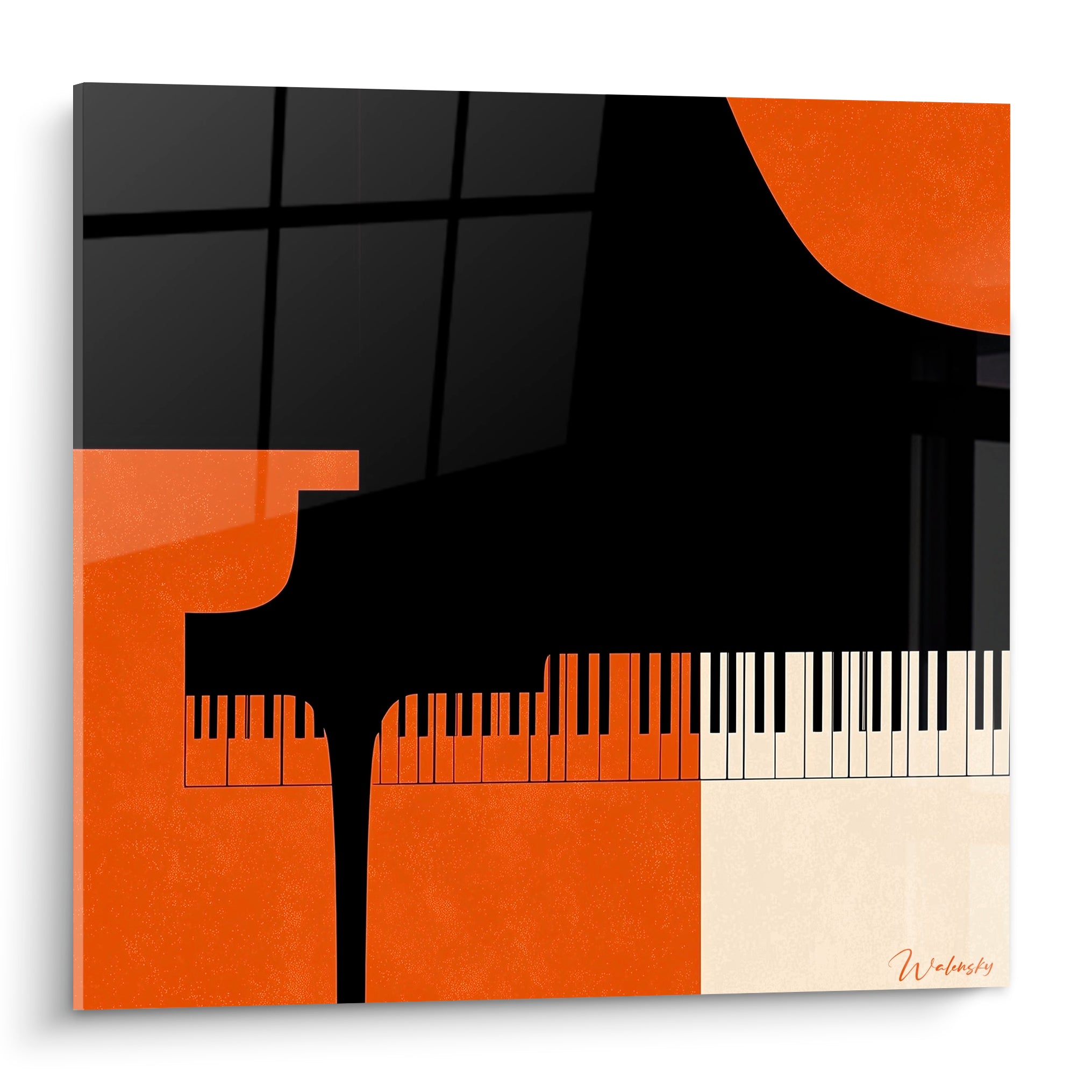 Piano à queue noir et orange brûlé en aplats graphiques, clavier ivoire détaillé, fenêtre en reflet