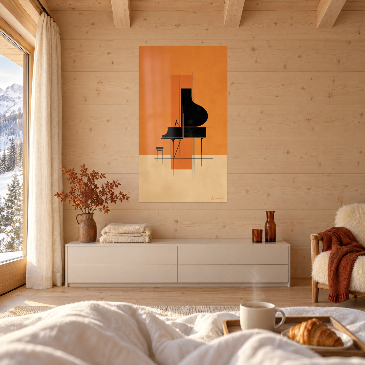 Schilderij minimalistische muziek met zwarte vleugelpiano, oranje en zandkleurige achtergrond, opgehangen boven een bed in een lichte slaapkamer