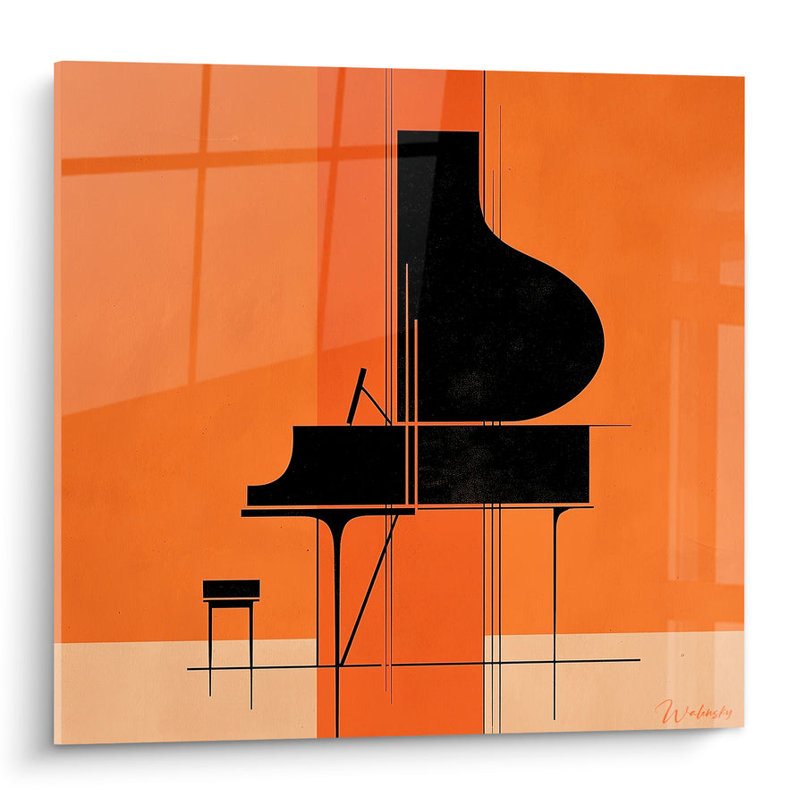 Tableau Musique orange et noir piano filaire minimaliste - Lignes architecturales abstraites - Edition Musique