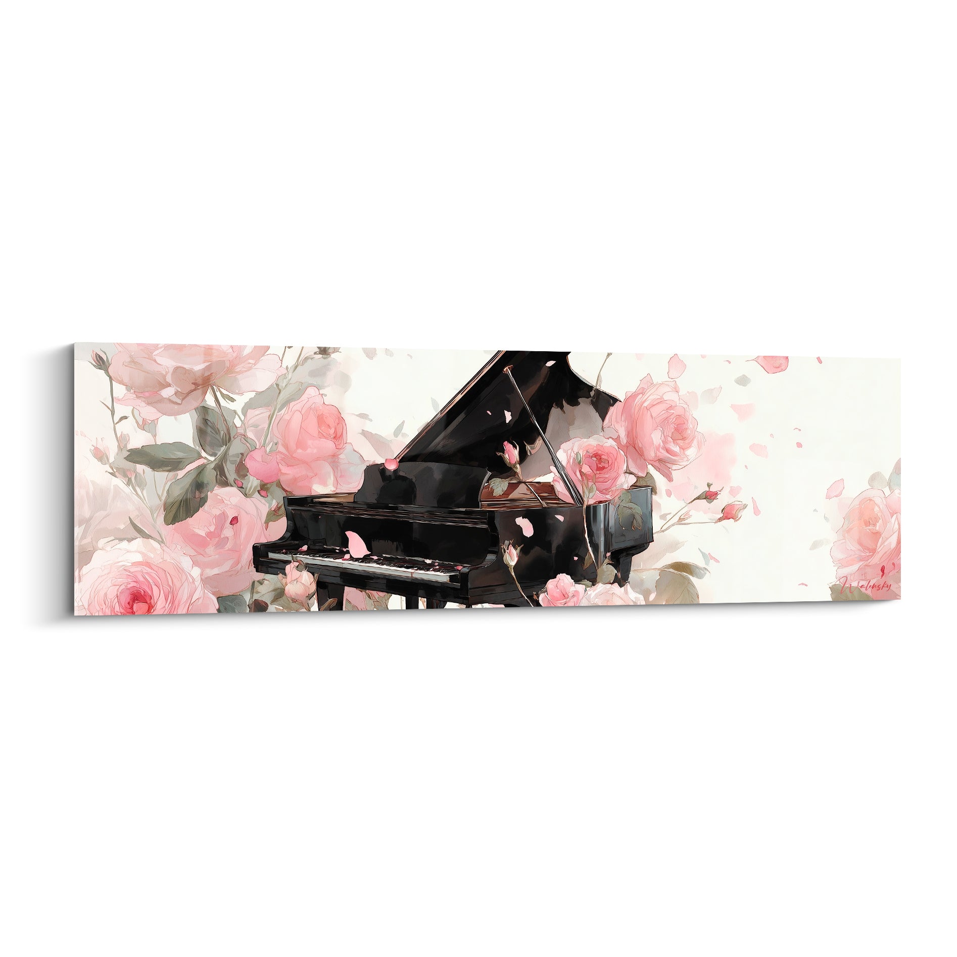 Piano à queue noir laqué entouré de roses roses en pleine floraison, style aquarelle délicat