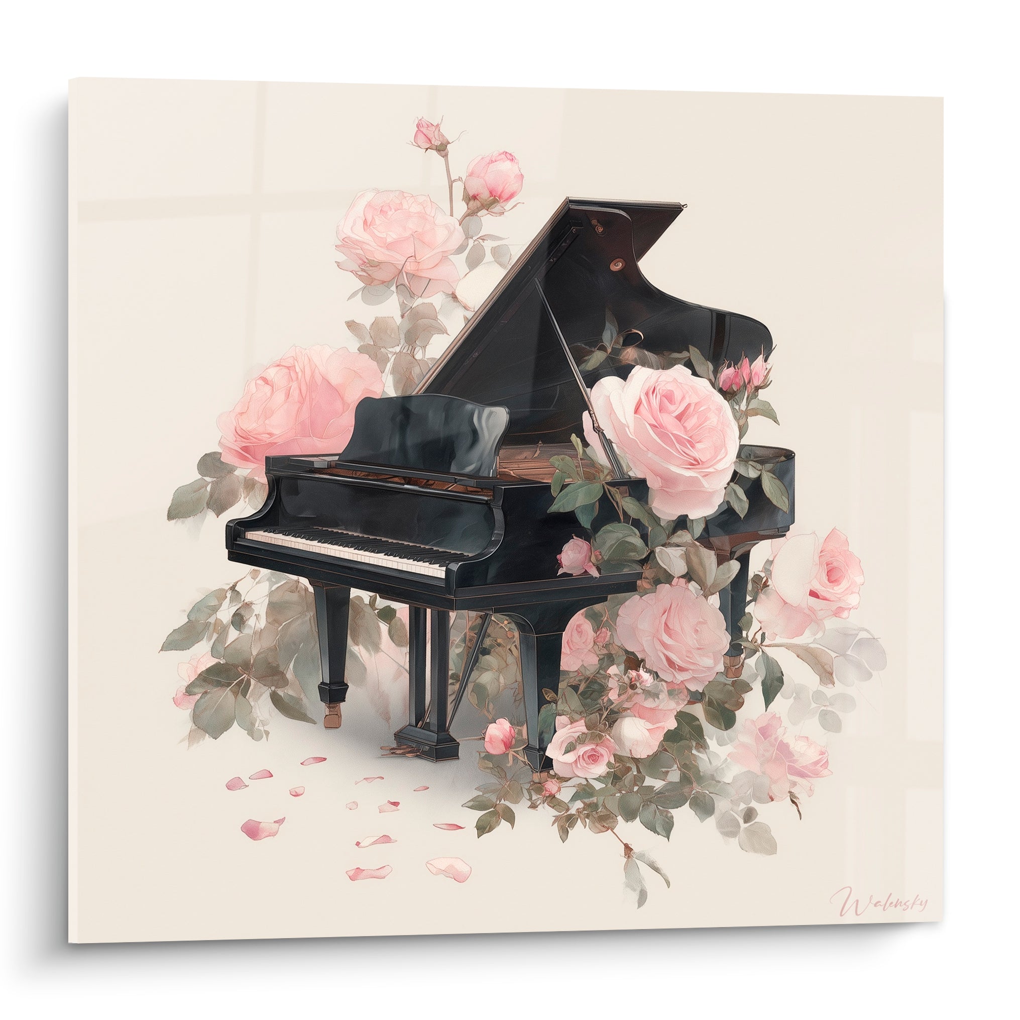 Piano à queue noir couvert de roses roses et blanches sur fond beige clair, style illustratif raffiné
