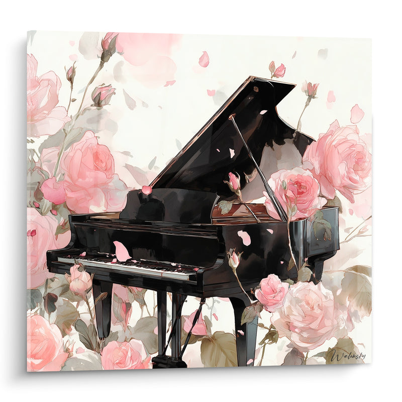 Tableau Musique piano noir roses roses - Sérénade fleurie - Edition Musique