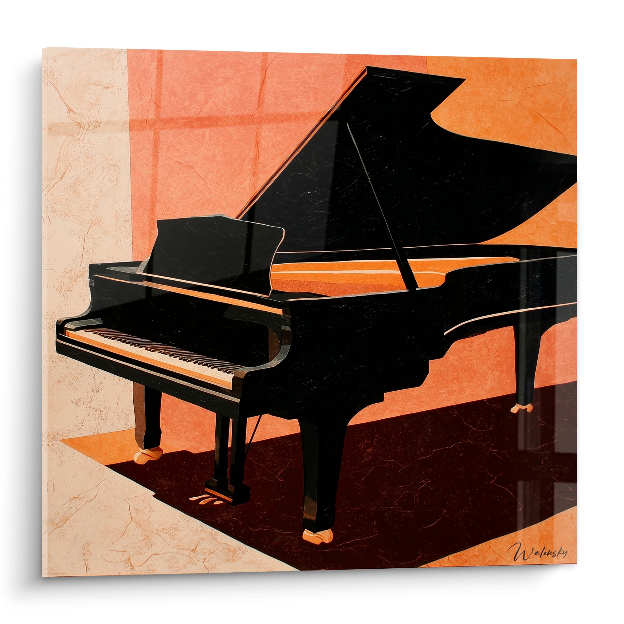 Piano à queue noir laqué sur fond terracotta et ocre, tableau Musique au style graphique épuré
