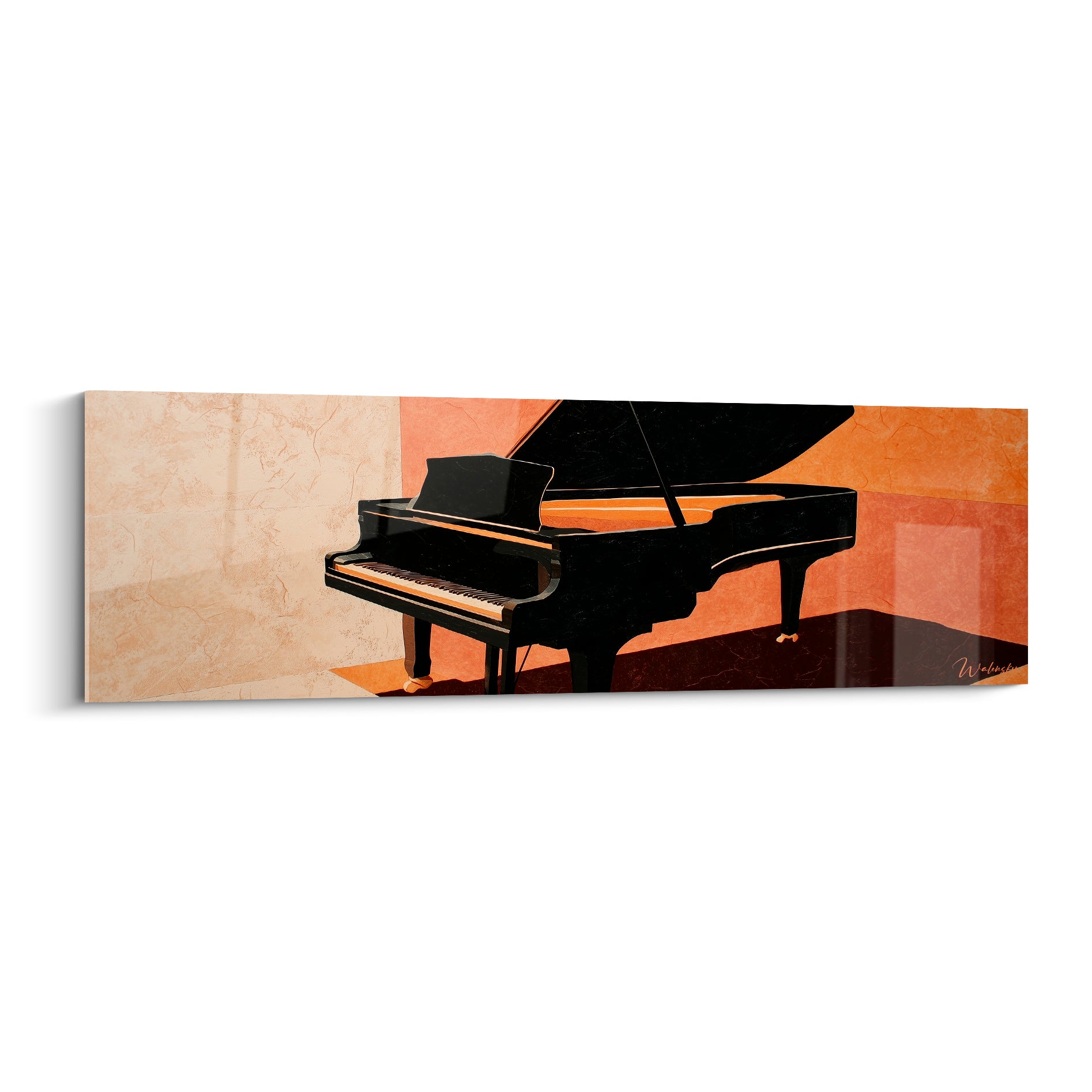Piano à queue noir laqué ouvert, fond terracotta et ocre, style graphique épuré et lumineux
