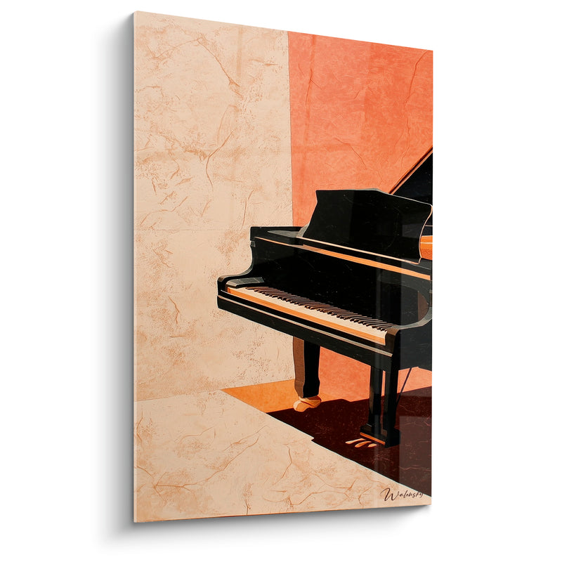 Tableau Musique noir et terracotta piano à queue - Mur bicolore texturé - Edition Musique