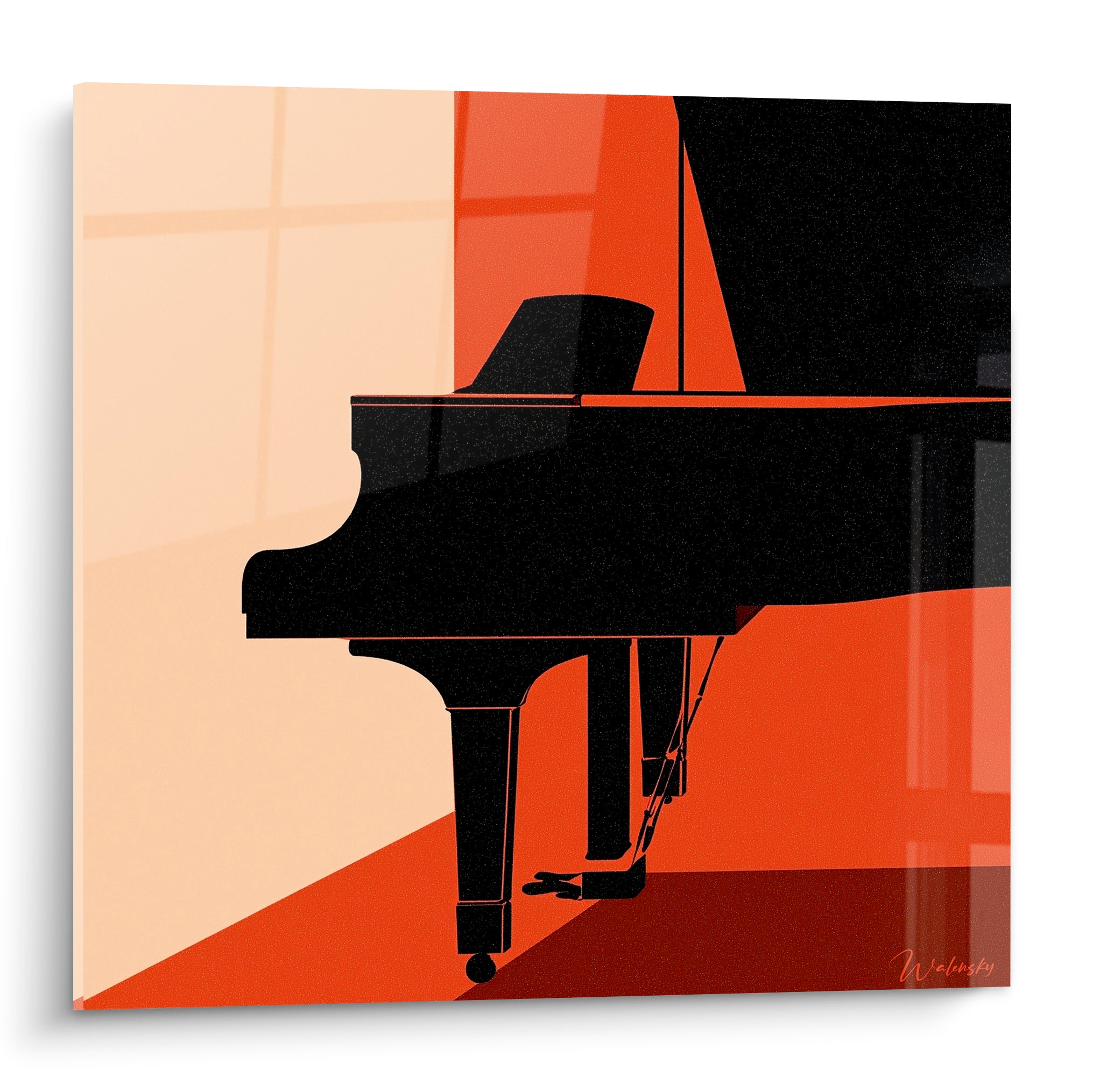 Piano à queue noir en silhouette sur fond terracotta et beige sable, composition graphique épurée