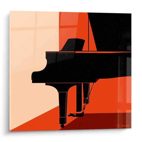 Piano à queue noir en silhouette sur fond terracotta et beige sable, composition graphique épurée