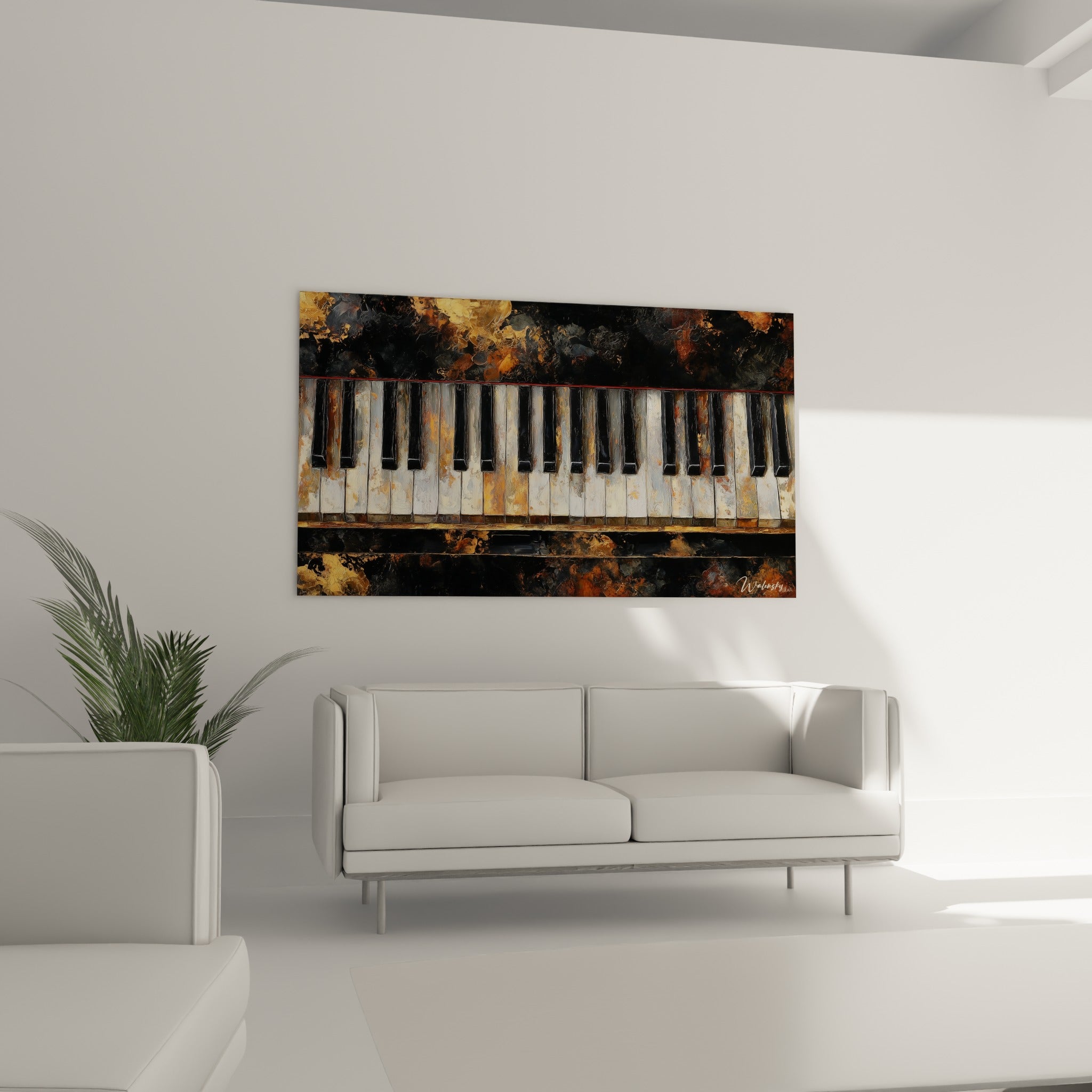 Clavier ancien noir et ocre, patine cuivrée, au-dessus d'un canapé dans un salon lumineux