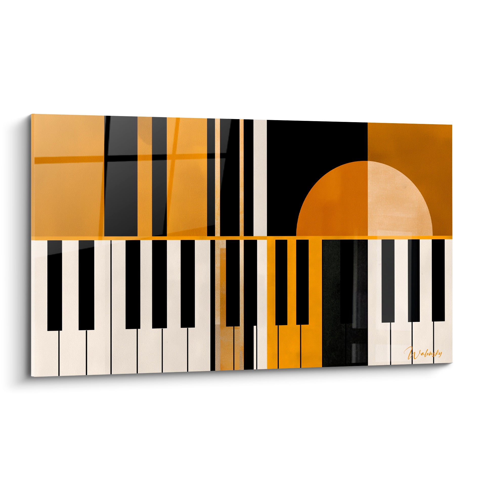 Piano stylisé aux touches noires et ivoire sous un demi-cercle doré, composition graphique ocre et anthracite