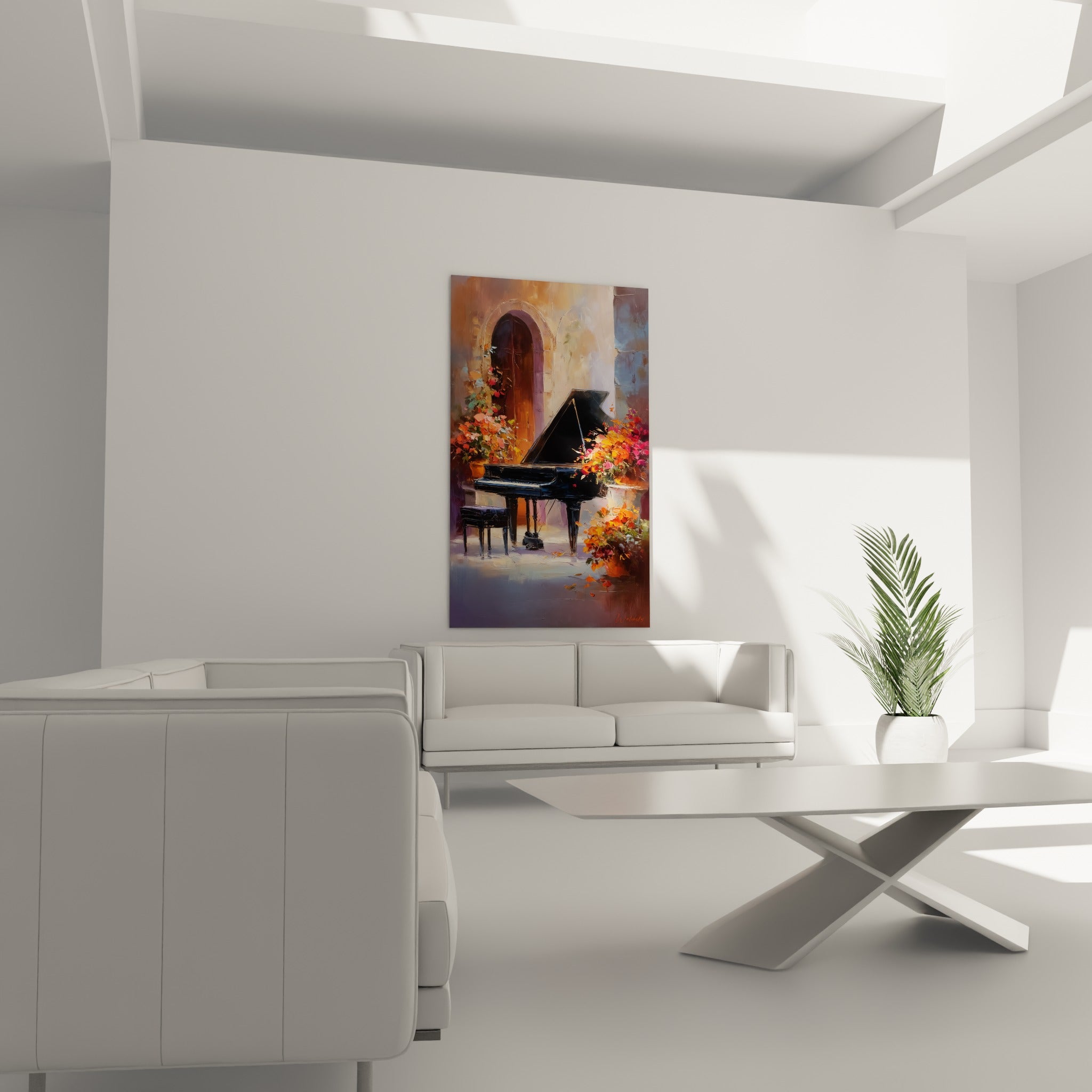 Instrument laqué noir cerné de fleurs pourpres et orangées, au-dessus d'un canapé dans un salon lumineux