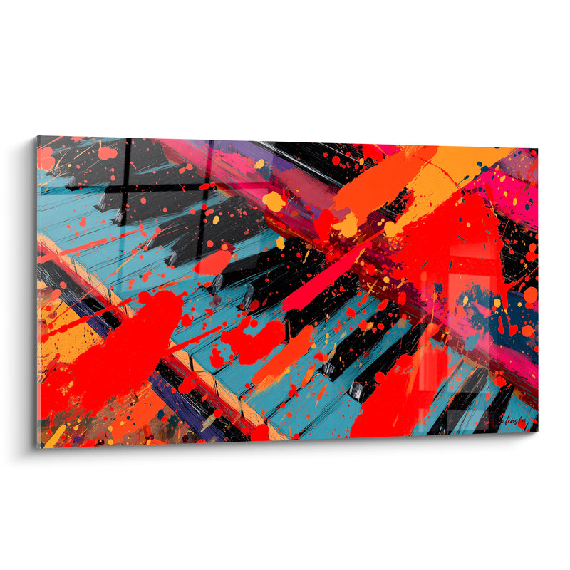 Tableau Musique piano bleu ciel orange éclaboussé - Fureur créatrice - Edition Musique