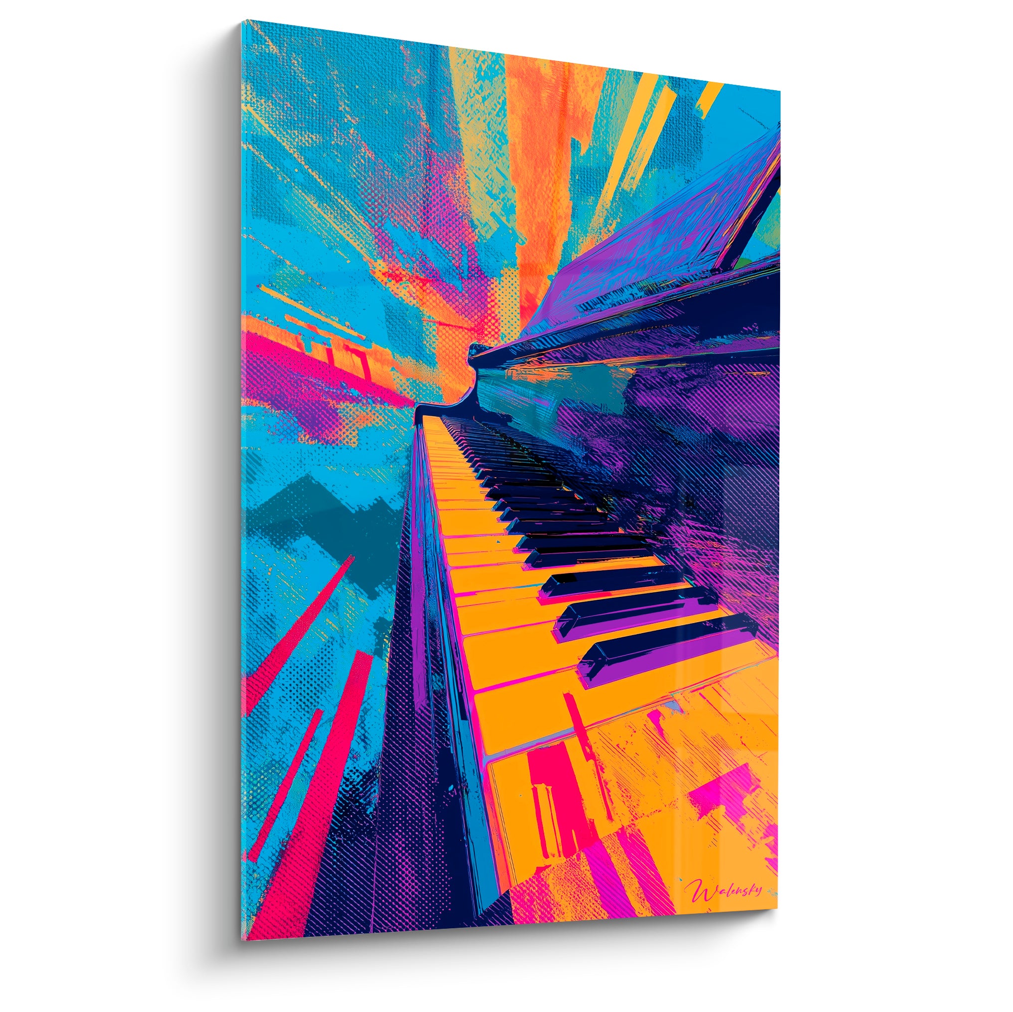 Piano vu en contre-plongée aux touches orange et bleu marine, style pop art vibrant