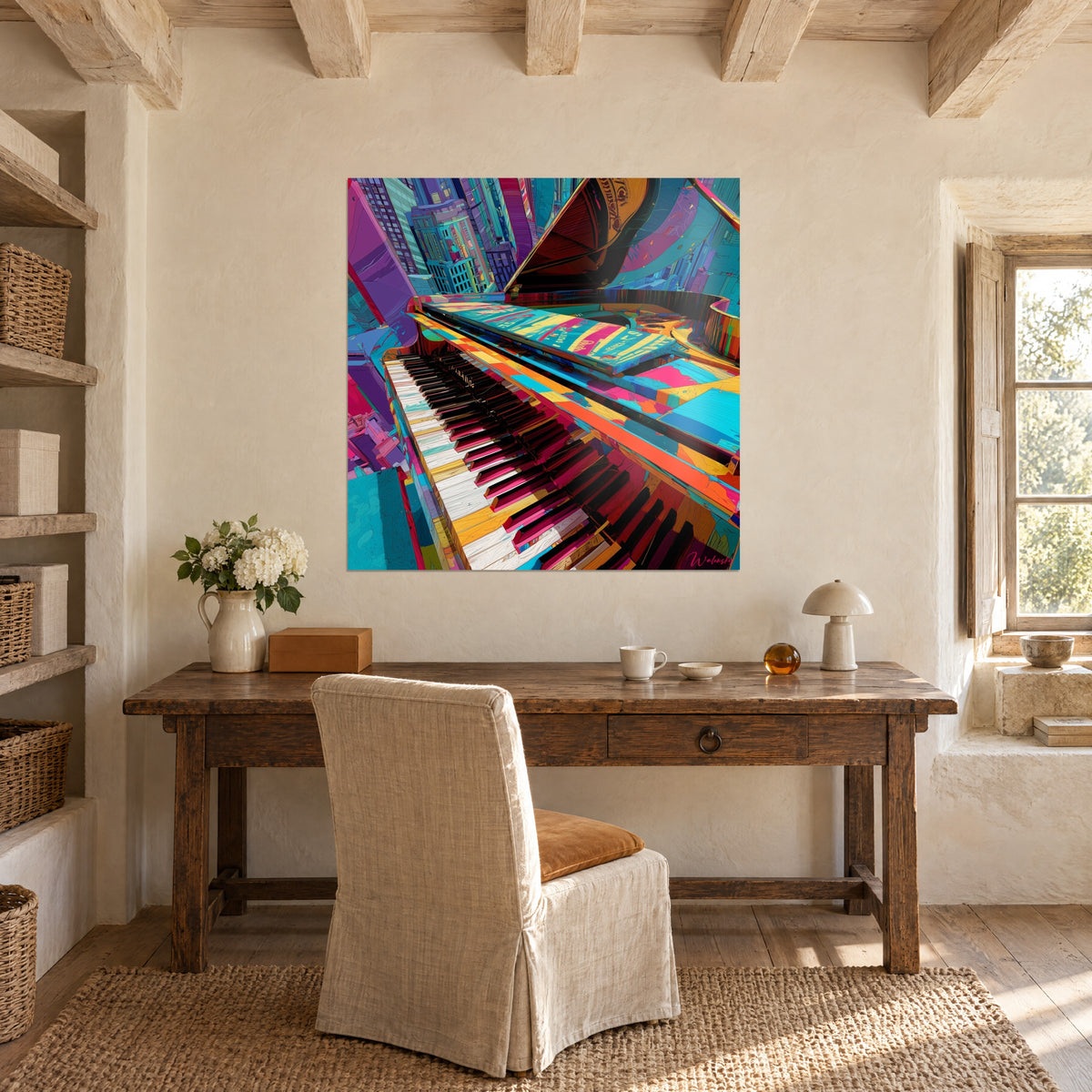 Cuadro piano de cola con tapa abierta, naranja intenso y azul cian, frente a un escritorio de madera junto a una ventana soleada
