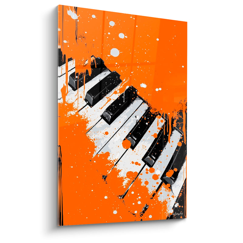 Tableau Musique clavier orange et blanc éclaboussures diagonales - Coulées de peinture - Edition Musique