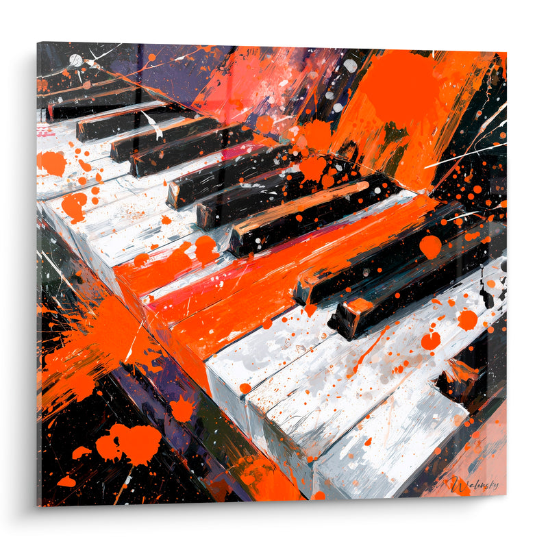 Tableau Musique clavier orange et blanc éclaboussures diagonales - Traits blancs obliques - Edition Musique