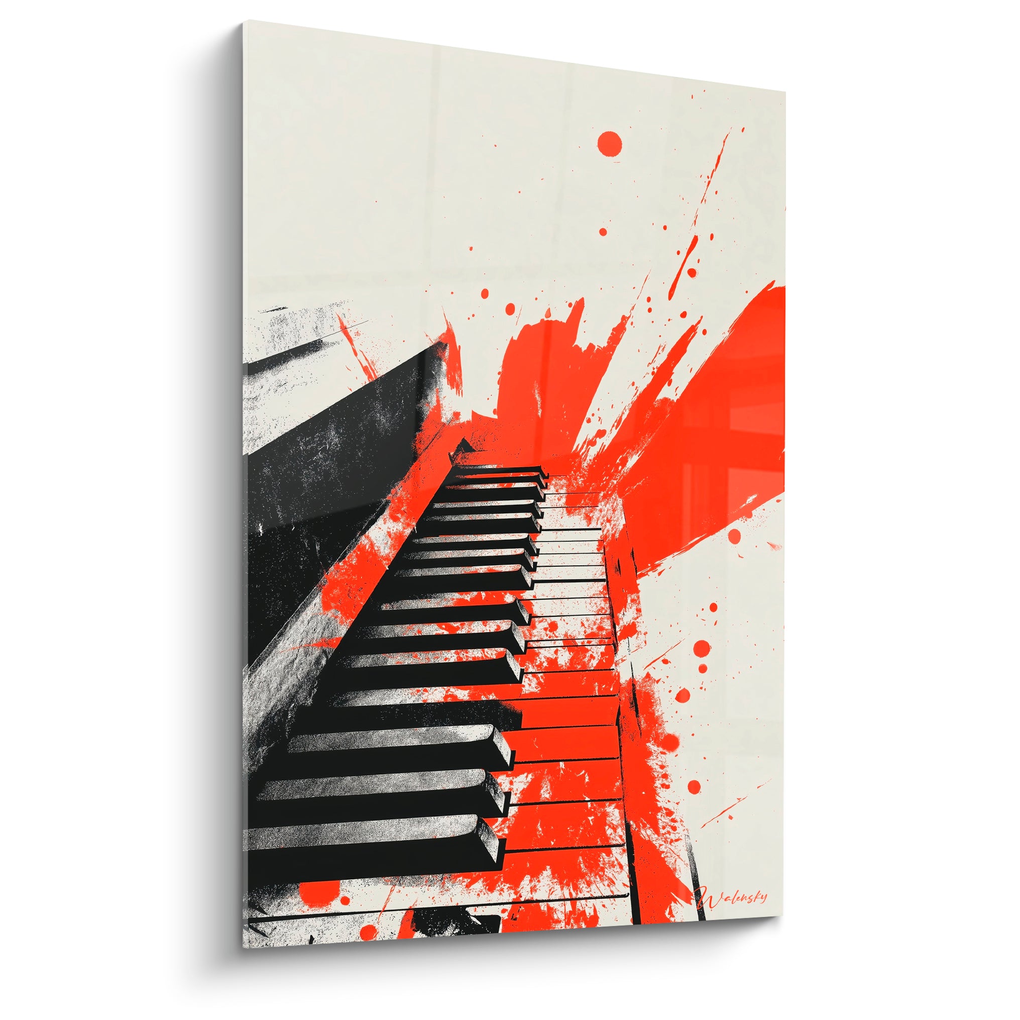Clavier de piano orange et noir éclaboussé sur fond ivoire, composition musicale expressive