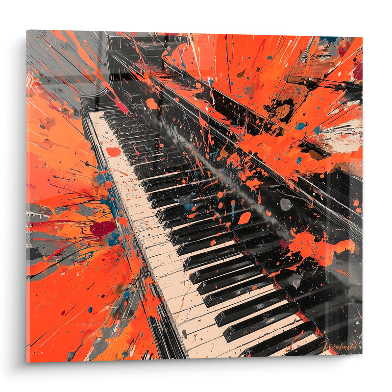 Tableau Musique orange et gris éclaboussures bleues - Gerbe de peinture - Edition Musique