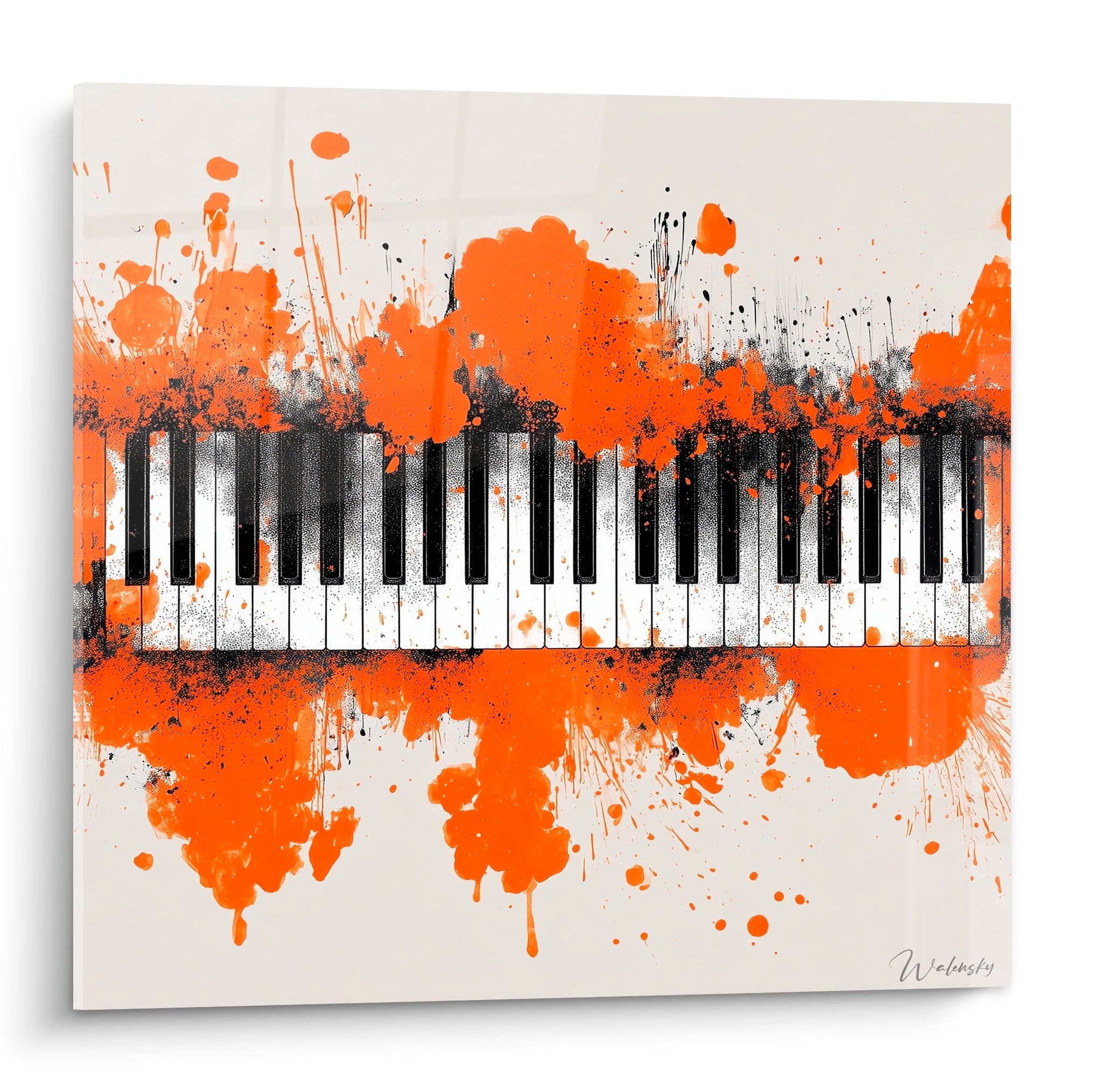 Musique clavier piano éclaboussé d'orange vif et de noir sur fond crème, style graphique expressif