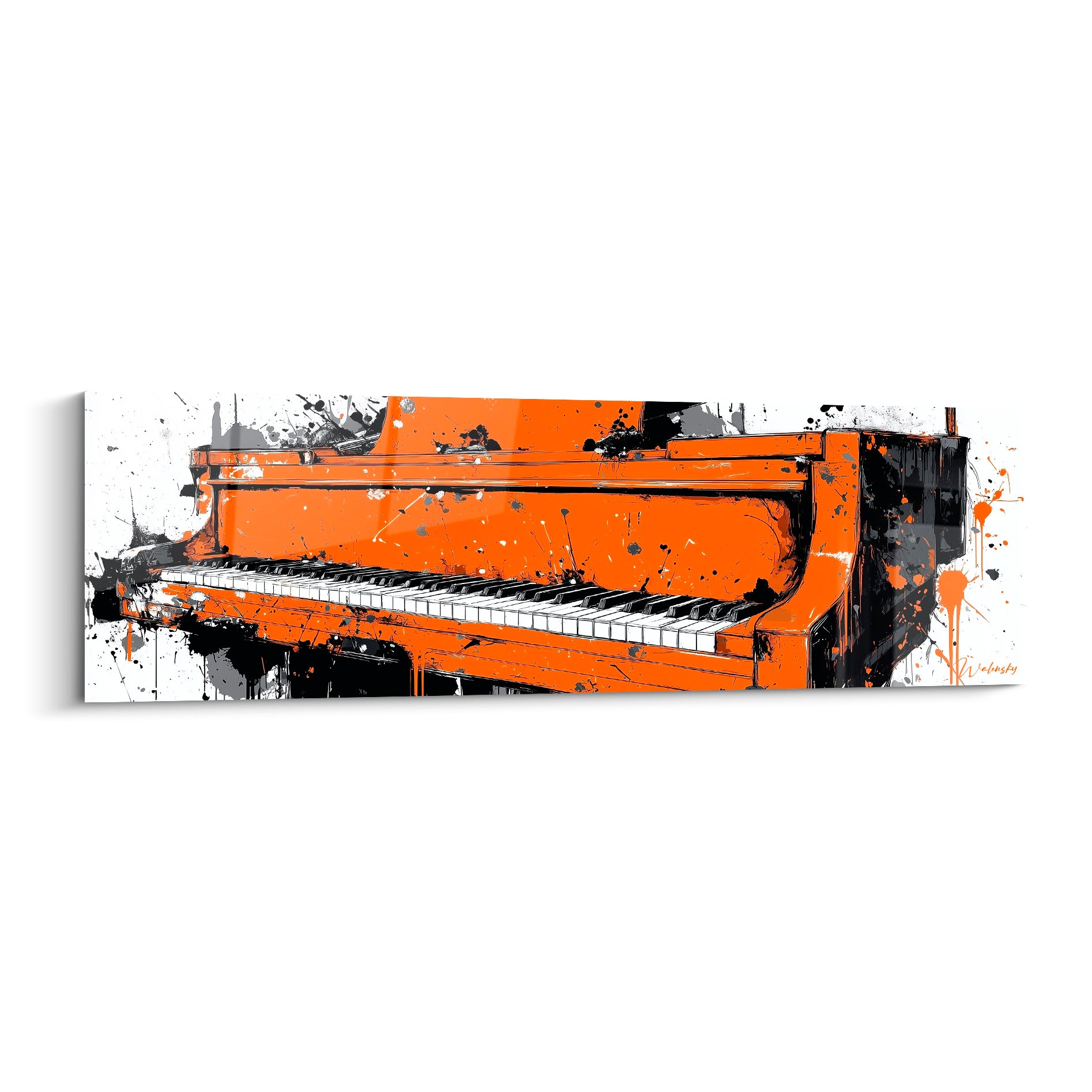 Piano droit orange vif et noir, clavier détaillé, éclaboussures façon action painting sur fond blanc